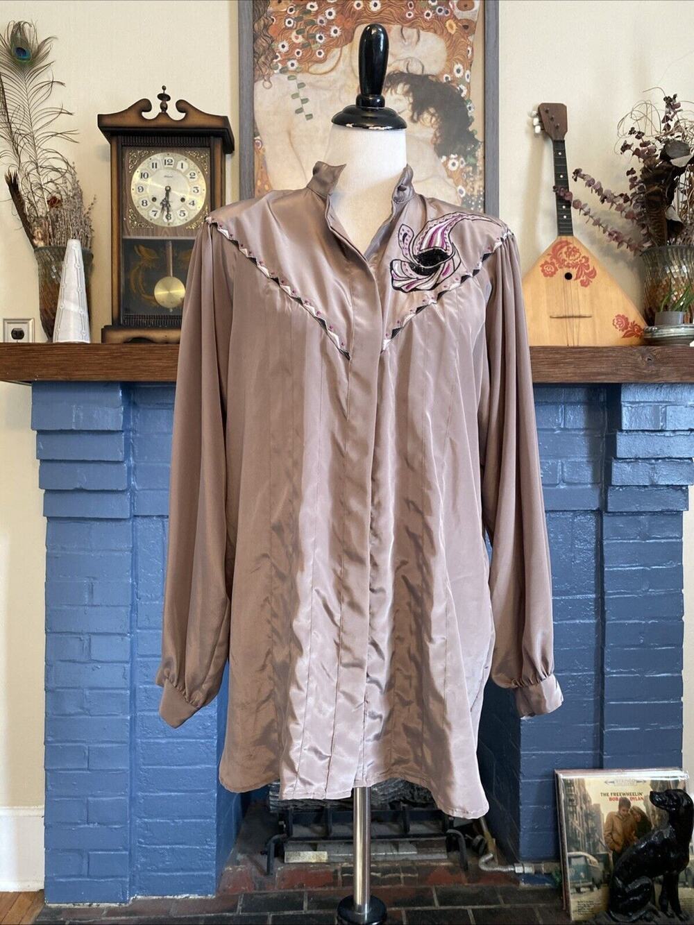 Vintage Suzelle Sz 10 Gray Button Blouse Embroidered Paisley Sequin M 80s 90s